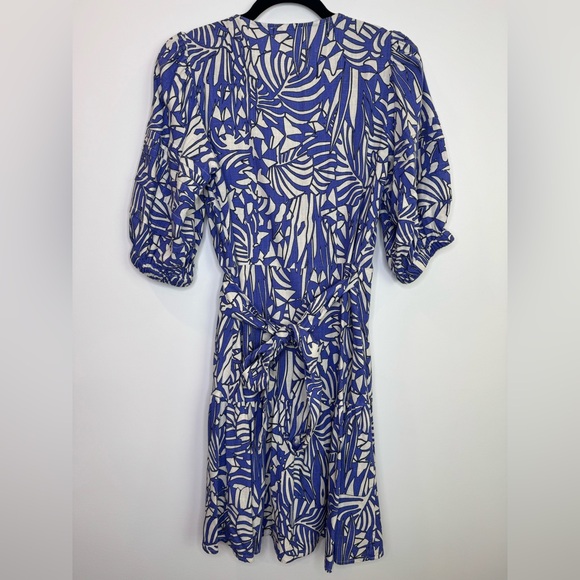 SUNCOO Blue White Patterned Mini Dress Printed Cisse Wrap Dress - Picture 7 of 10